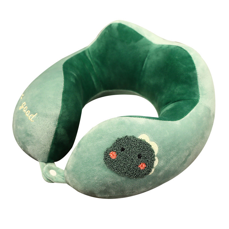 Plush neck travel pillow with ergonomic U-shape, snap button closure and adorable embroidery