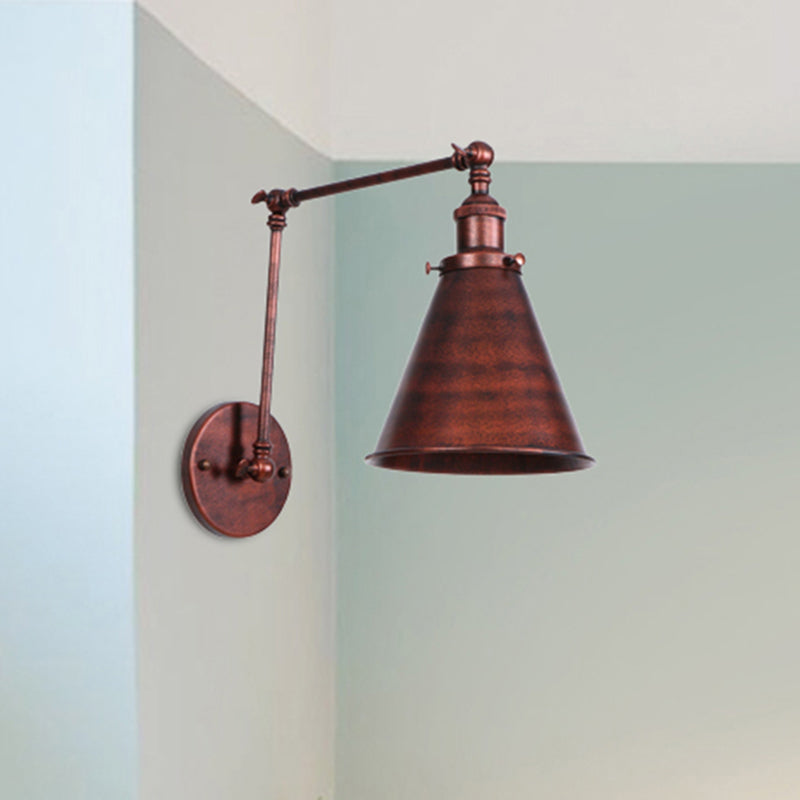 Farmhouse Style Cone Wall Sconce 1 Bulb Iron Wall Lighting Fixture in Black/Rust for Bedroom | Kalsten