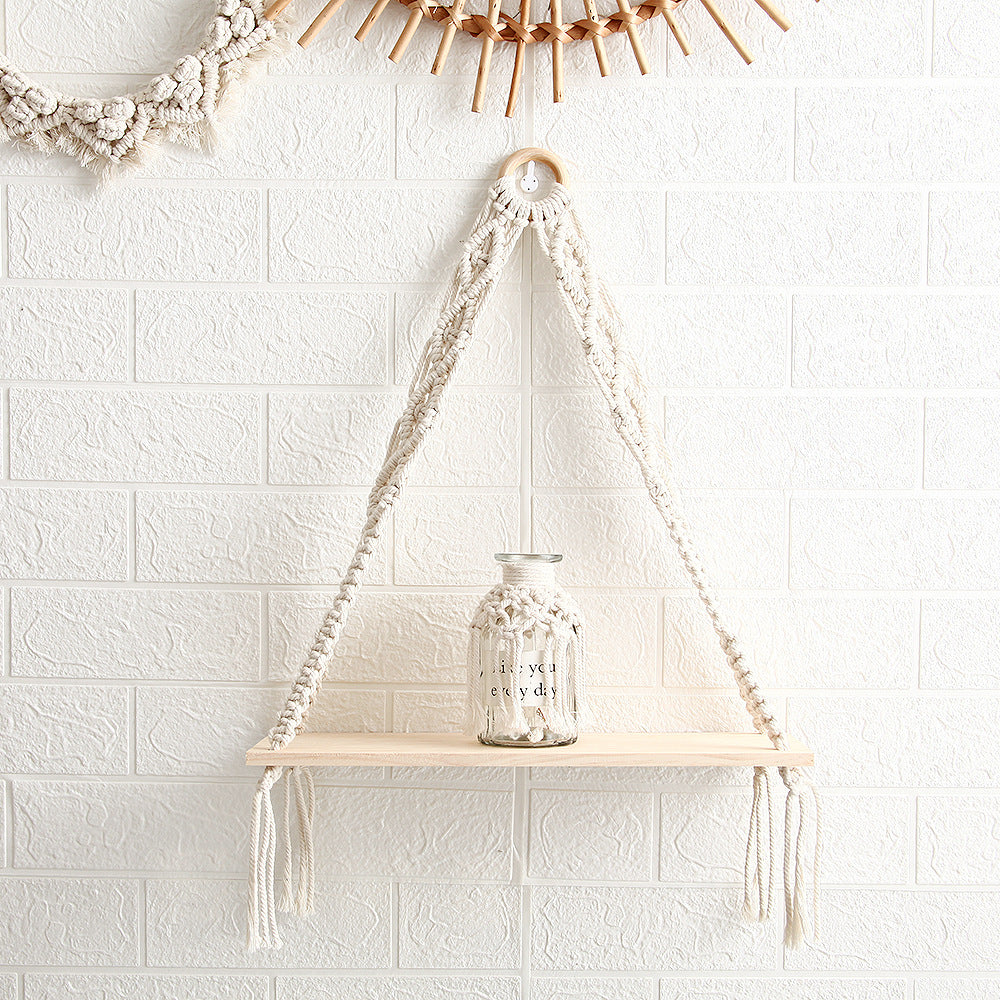 Macramé Hanging Shelf with Natural Wooden Plank Kalsten