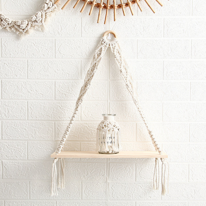 Macramé Hanging Shelf with Natural Wooden Plank Kalsten