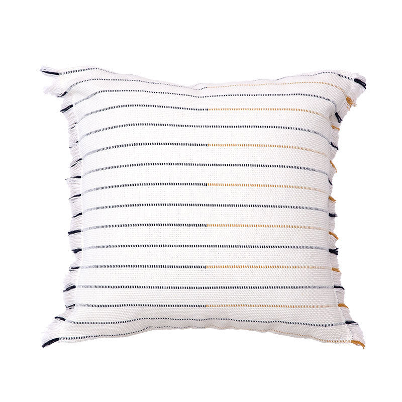 Square woven cushion cover with fine stripes and fringe border Kalsten