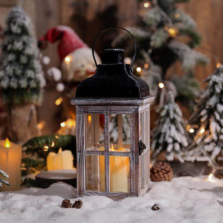 Vintage Farmhouse Glass-Paneled Wooden Lantern with Metal Roof Candle Holder Kalsten