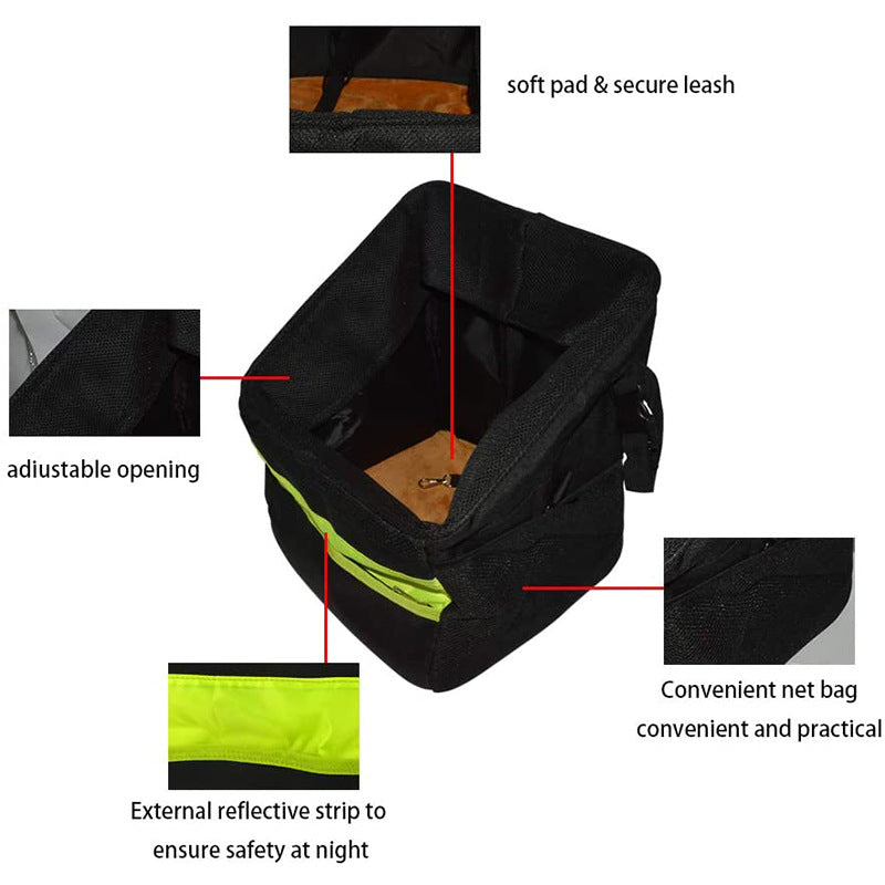 front-mount urban bike pet carrier basket with high-visibility strip padded foam walls quick-release mount and internal safety leash Kalsten