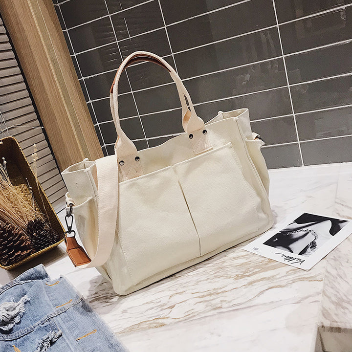 Multi-Pocket Canvas Tote Bag