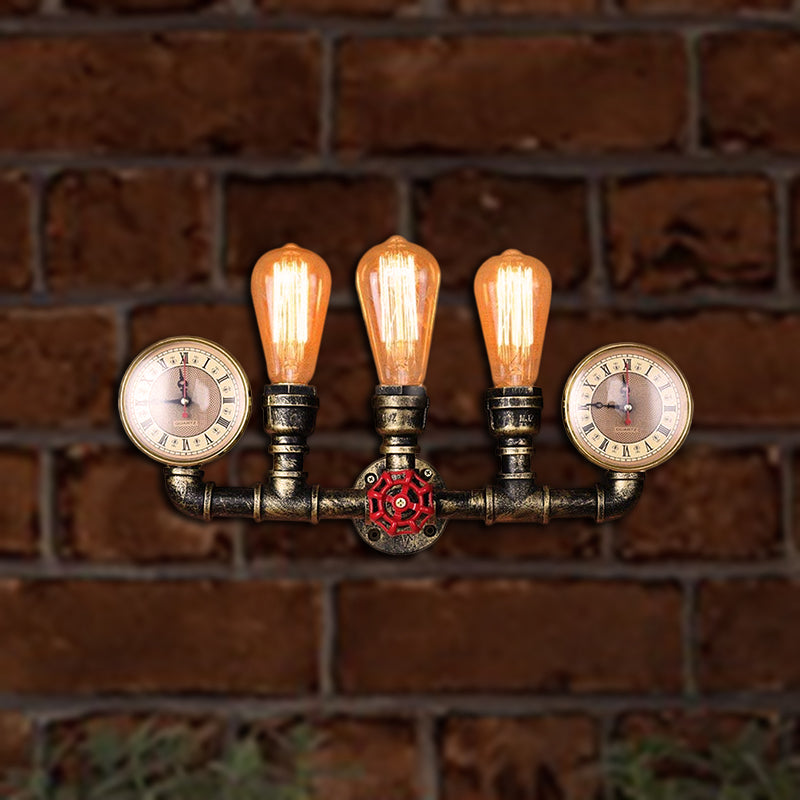 Kalsten | Antique Brass Pipe Wall Lamp Rustic Stylish 3 Heads Wrought Iron Wall Lamp Fixture with Manometer and Valve Deco