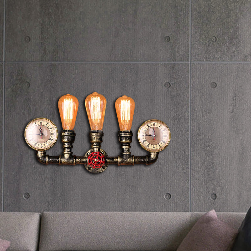 Kalsten | Antique Brass Pipe Wall Lamp Rustic Stylish 3 Heads Wrought Iron Wall Lamp Fixture with Manometer and Valve Deco