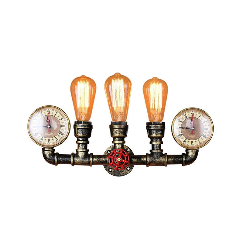 Kalsten | Antique Brass Pipe Wall Lamp Rustic Stylish 3 Heads Wrought Iron Wall Lamp Fixture with Manometer and Valve Deco