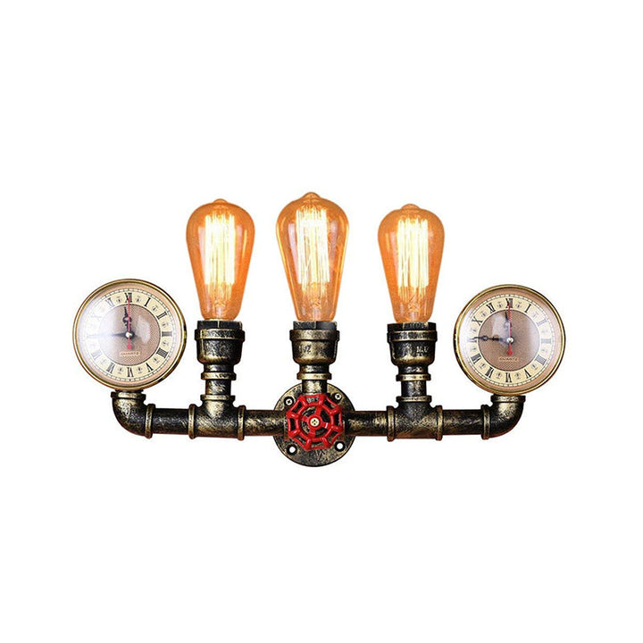 Kalsten | Antique Brass Pipe Wall Lamp Rustic Stylish 3 Heads Wrought Iron Wall Lamp Fixture with Manometer and Valve Deco