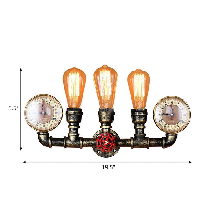 Kalsten | Antique Brass Pipe Wall Lamp Rustic Stylish 3 Heads Wrought Iron Wall Lamp Fixture with Manometer and Valve Deco