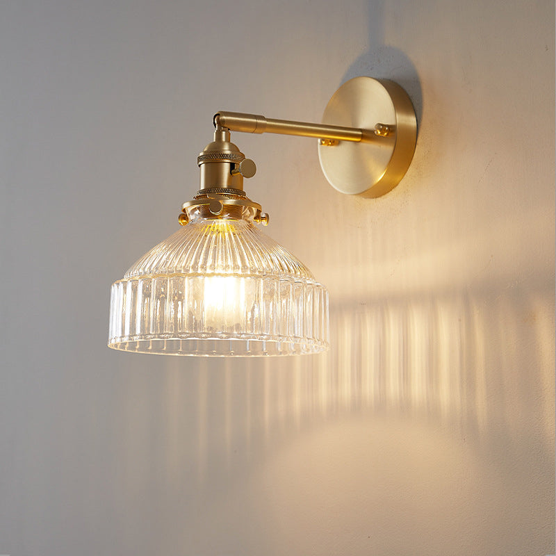 Industrial Wall Lamp Pressed Ribbed Glass Wall Light Sconce in Gold Finish for Bedroom | Kalsten