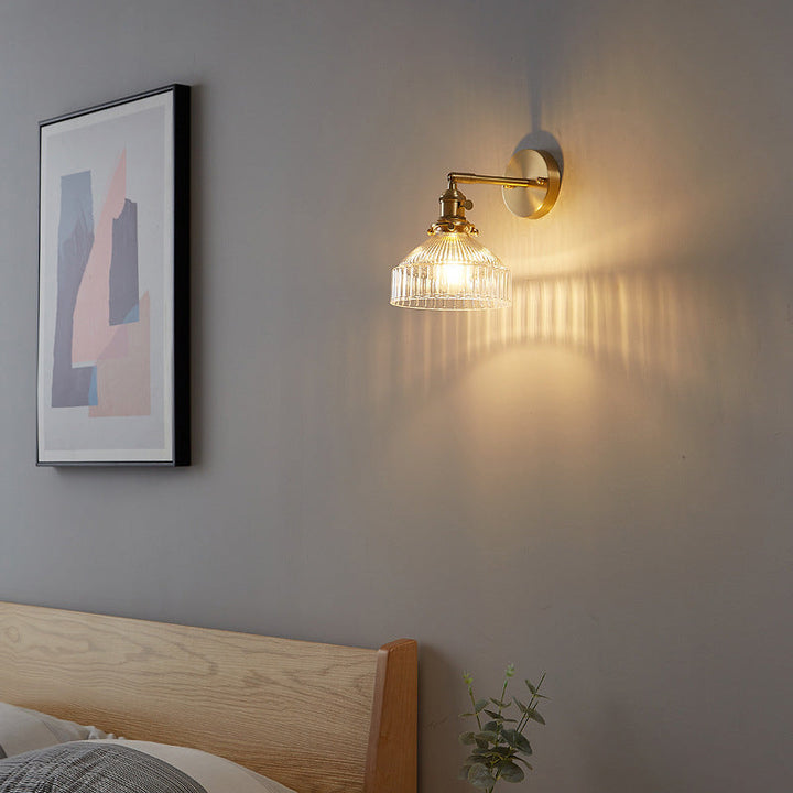 Industrial Wall Lamp Pressed Ribbed Glass Wall Light Sconce in Gold Finish for Bedroom | Kalsten