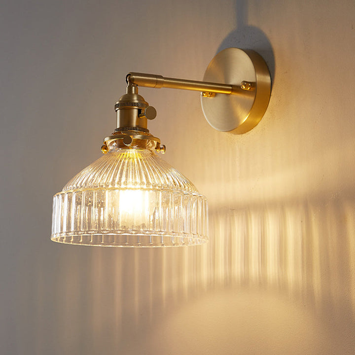 Industrial Wall Lamp Pressed Ribbed Glass Wall Light Sconce in Gold Finish for Bedroom | Kalsten