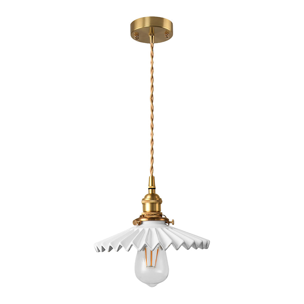 Vintage ceramic pendant lamp with pleated design – brass LED pendant light for dining room and living room | Kalsten