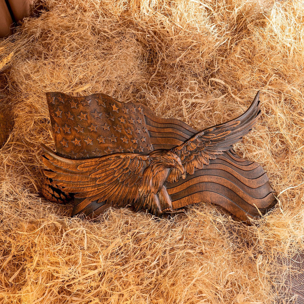 Kalsten | American Flag Wood Wall Art Hand Carved Eagle Patriotic Decoration