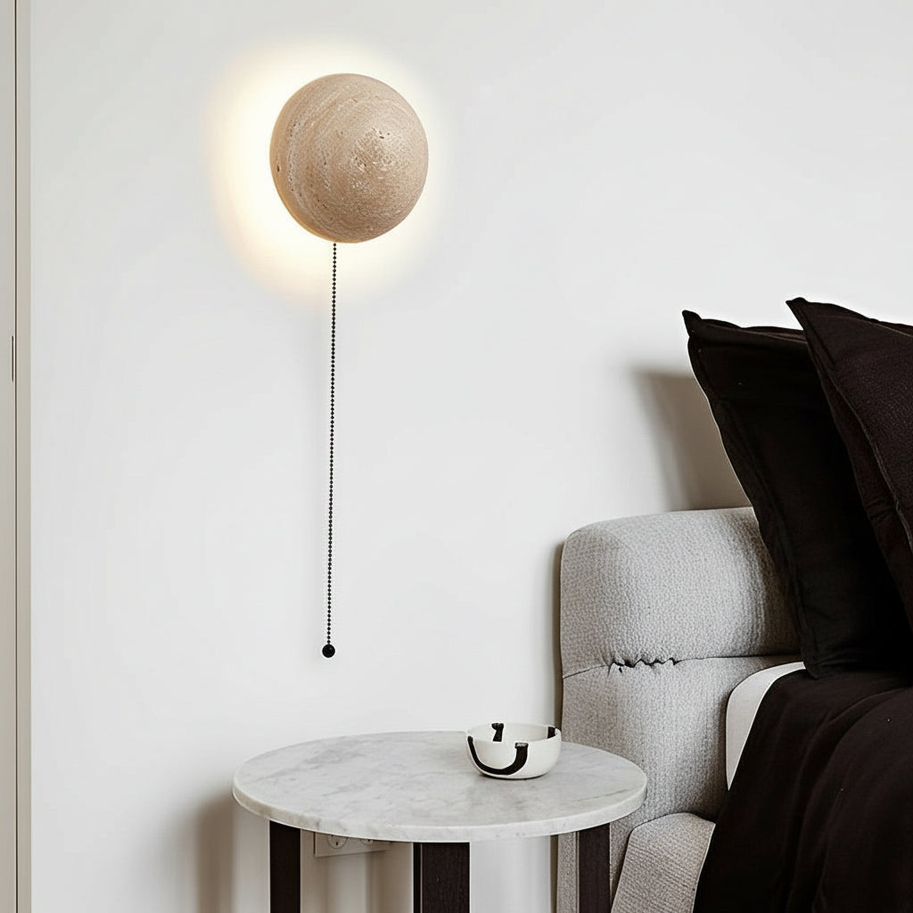 Travertine Stone Wall Sconce – Japanese Wabi-Sabi Round LED Wall Lamp (15W, Warm White) | Kalsten