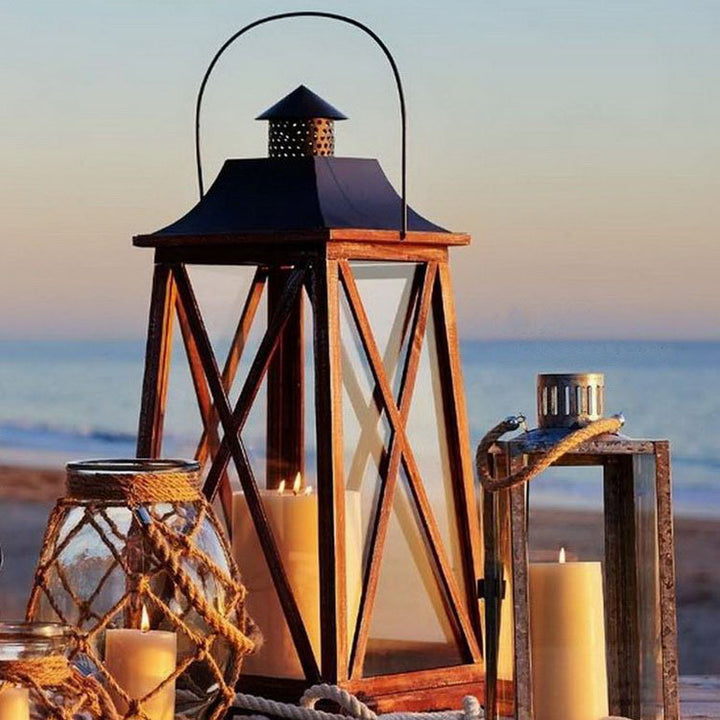 Hanging Rustic Metal and Glass Lantern Candle Holder with LED Flameless Pillar Effect Kalsten