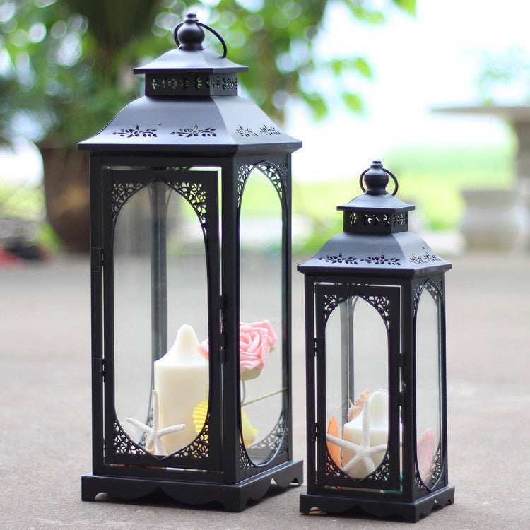 Decorative Metal Glass Lantern Set with Arched Paneled Windows and Filigree Top Kalsten