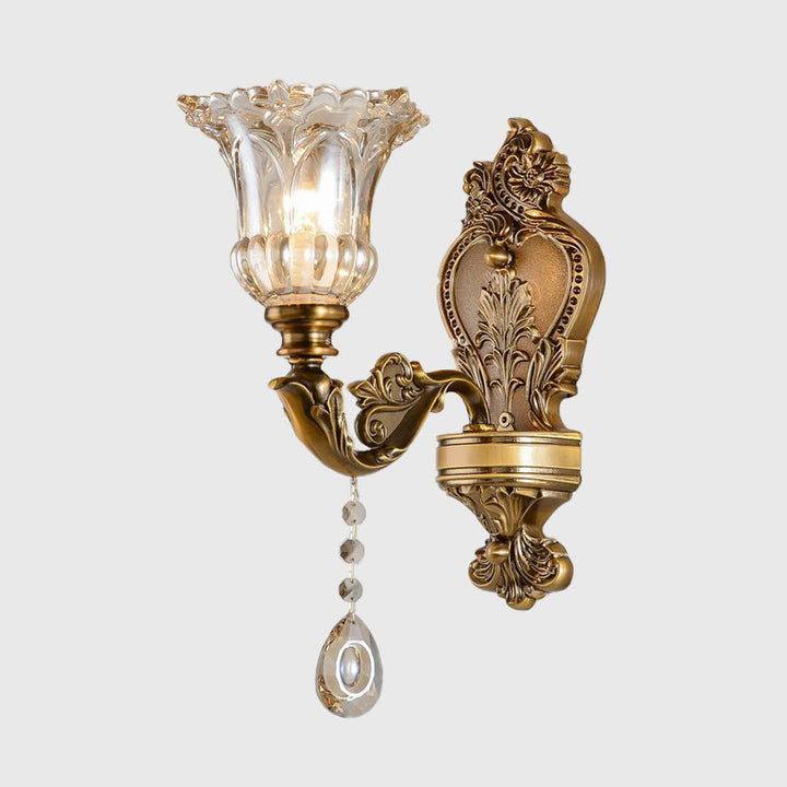 Vintage Floral Wall Mount Lamp 1/2 Heads Beveled Crystal Prism Wall Sconce Light in Brass | Kalsten