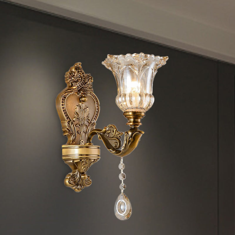 Vintage Floral Wall Mount Lamp 1/2 Heads Beveled Crystal Prism Wall Sconce Light in Brass | Kalsten