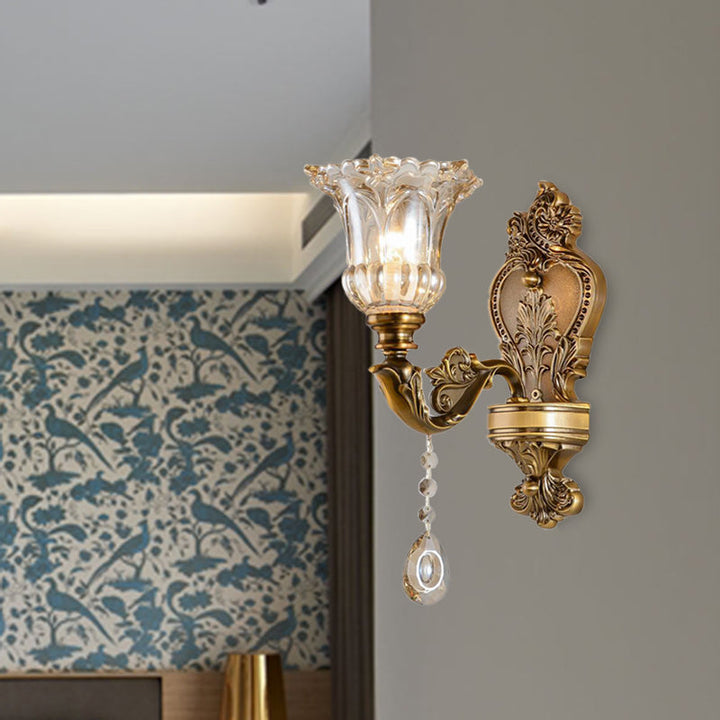 Vintage Floral Wall Mount Lamp 1/2 Heads Beveled Crystal Prism Wall Sconce Light in Brass | Kalsten