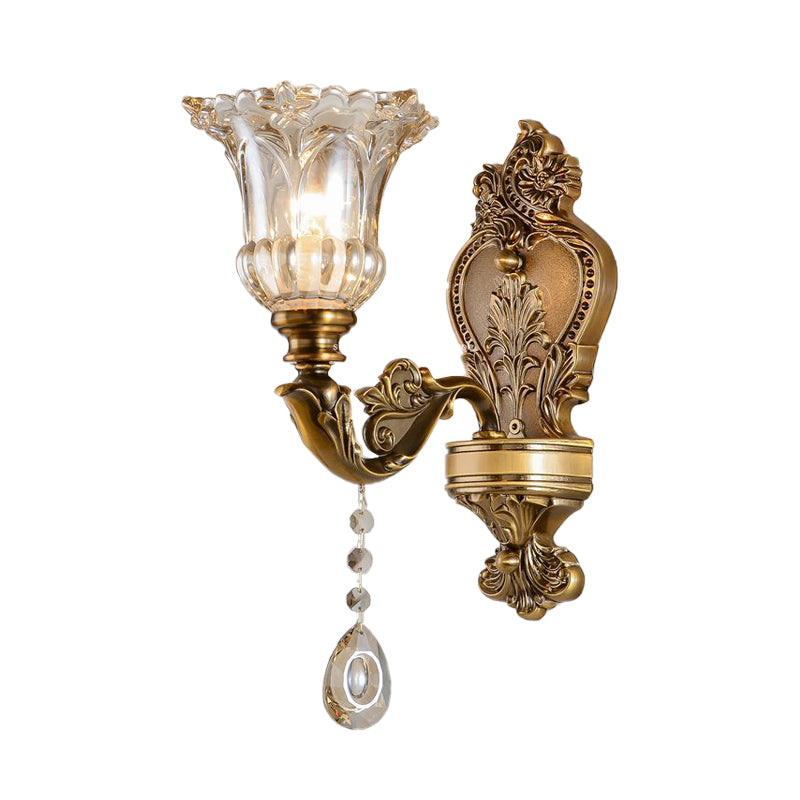 Vintage Floral Wall Mount Lamp 1/2 Heads Beveled Crystal Prism Wall Sconce Light in Brass | Kalsten
