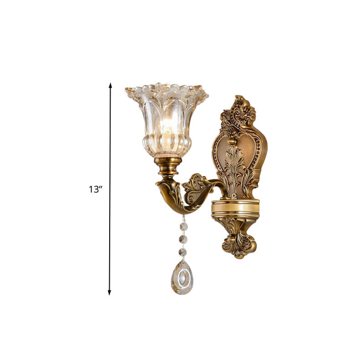 Vintage Floral Wall Mount Lamp 1/2 Heads Beveled Crystal Prism Wall Sconce Light in Brass | Kalsten