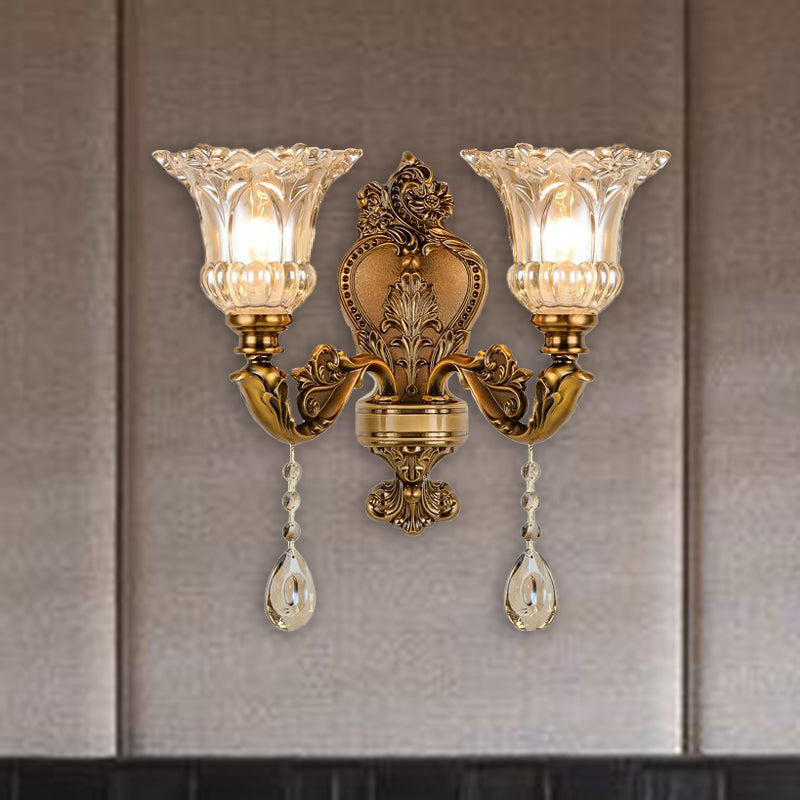 Vintage Floral Wall Mount Lamp 1/2 Heads Beveled Crystal Prism Wall Sconce Light in Brass | Kalsten