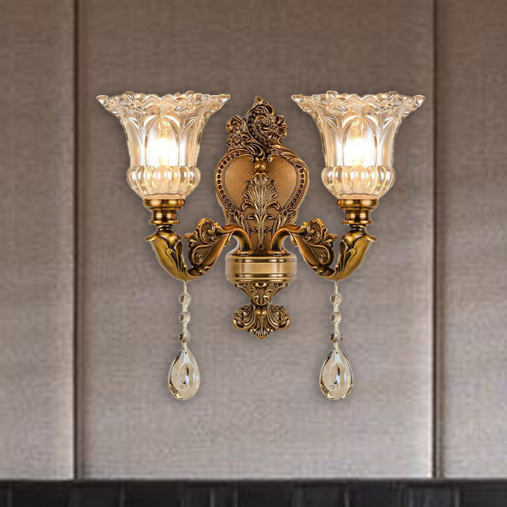 Vintage Floral Wall Mount Lamp 1/2 Heads Beveled Crystal Prism Wall Sconce Light in Brass | Kalsten