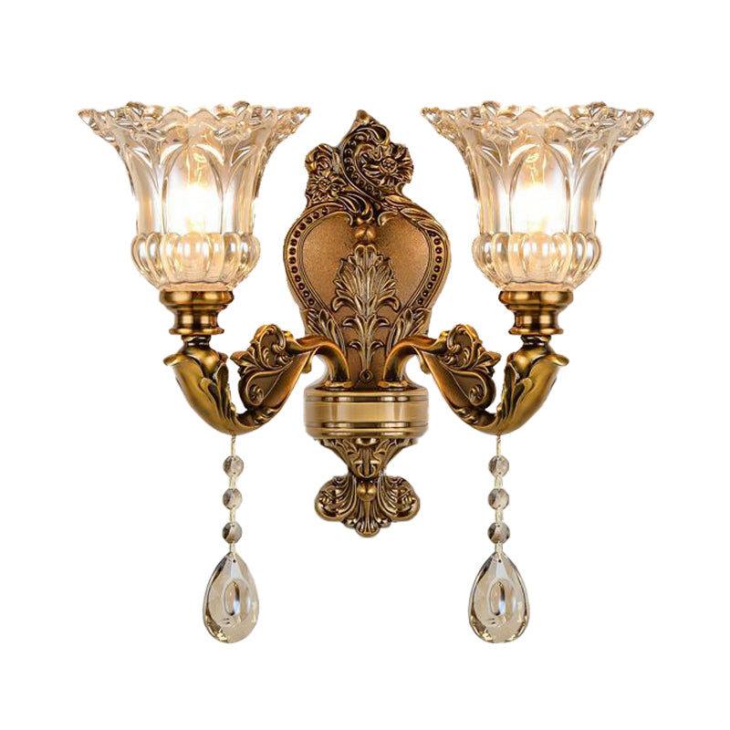 Vintage Floral Wall Mount Lamp 1/2 Heads Beveled Crystal Prism Wall Sconce Light in Brass | Kalsten