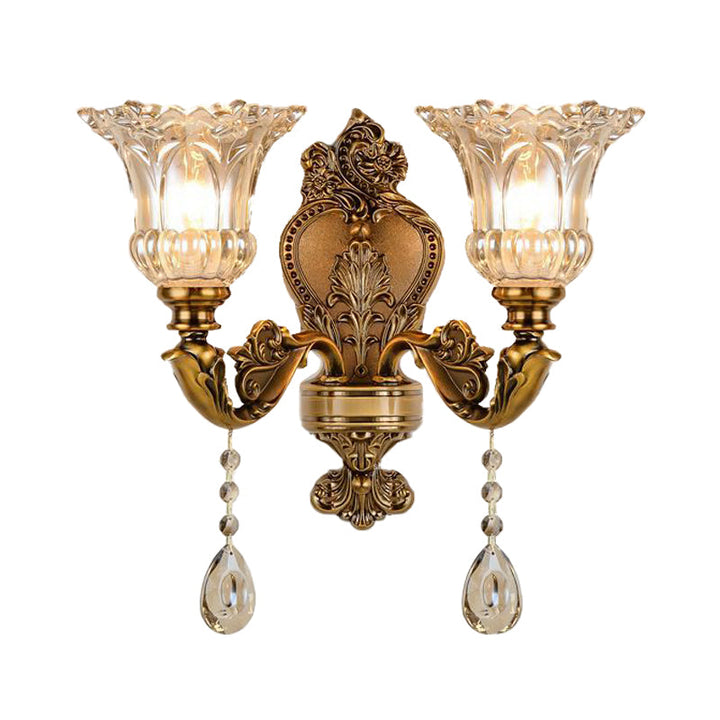 Vintage Floral Wall Mount Lamp 1/2 Heads Beveled Crystal Prism Wall Sconce Light in Brass | Kalsten