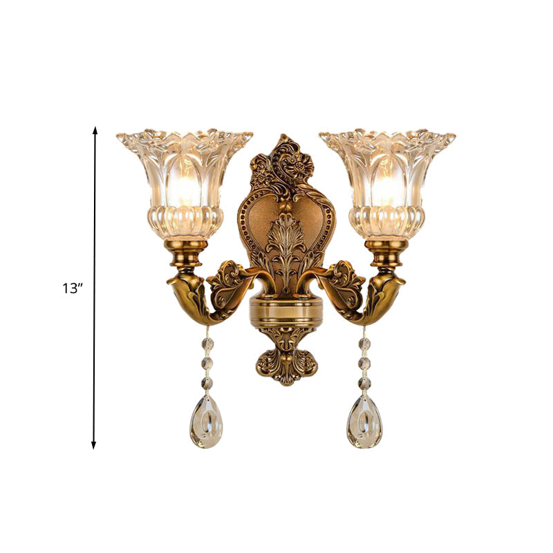 Vintage Floral Wall Mount Lamp 1/2 Heads Beveled Crystal Prism Wall Sconce Light in Brass | Kalsten