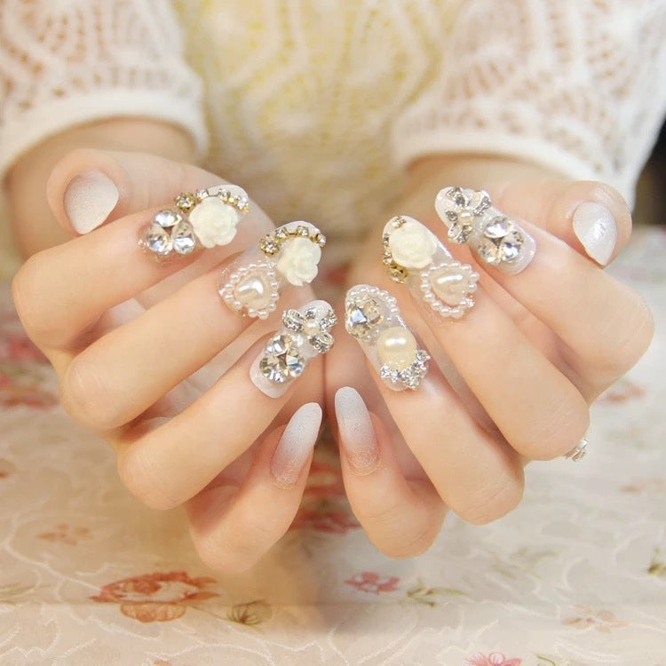 Decorative Nail Art Tips with Gem and Pearl Accents