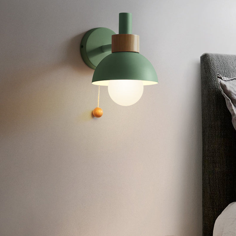 Macaron Domed Sconce Light Fixture 1 Bulb Wall Light Fixture with Metal Shade and Pull Chain in White/Pink/Green | Kalsten