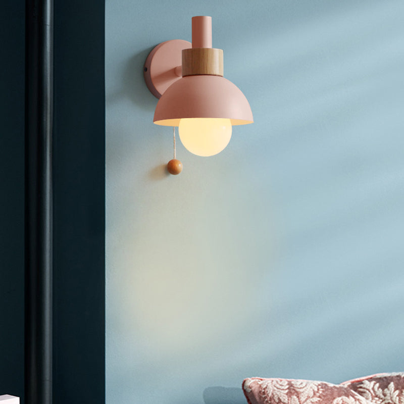 Macaron Domed Sconce Light Fixture 1 Bulb Wall Light Fixture with Metal Shade and Pull Chain in White/Pink/Green | Kalsten