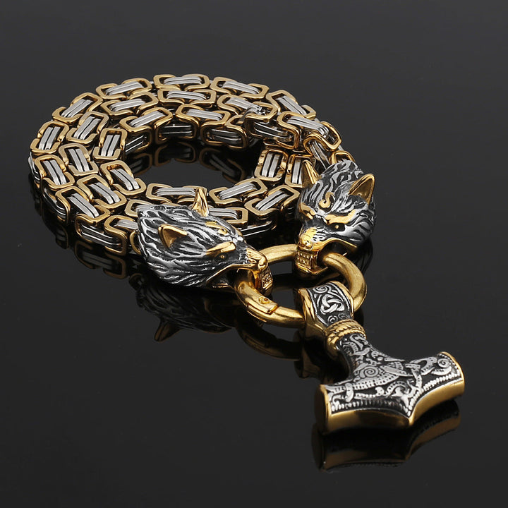 Stainless Steel Nordic Viking Wolf Thor's Hammer Men's Necklace