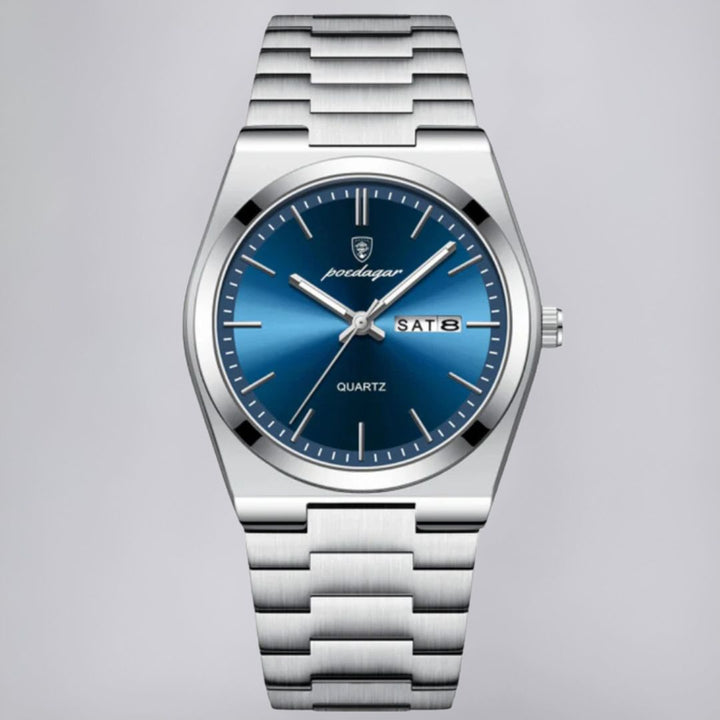 Stainless Steel Watch with Emerald Green Dial and Day-Date Display