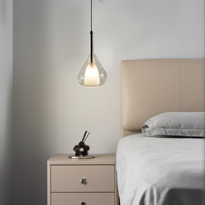 Industrial pendant light with double glass and raindrop design - Small hanging lamp for dining room and kitchen, modern minimalist design | Kalsten