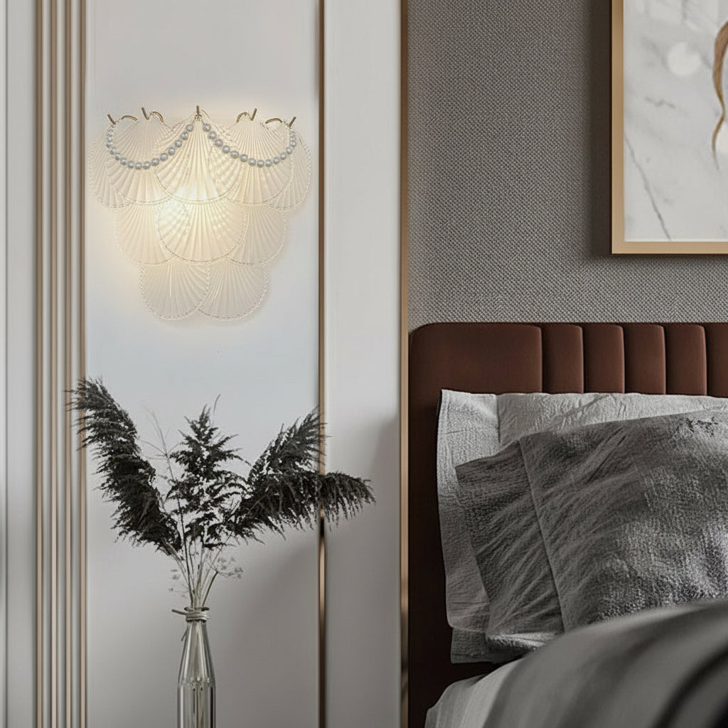 Glass Wall Sconce – French Leaf Feather Pearl Gold (E14 Dimming & 31x34cm) | Kalsten