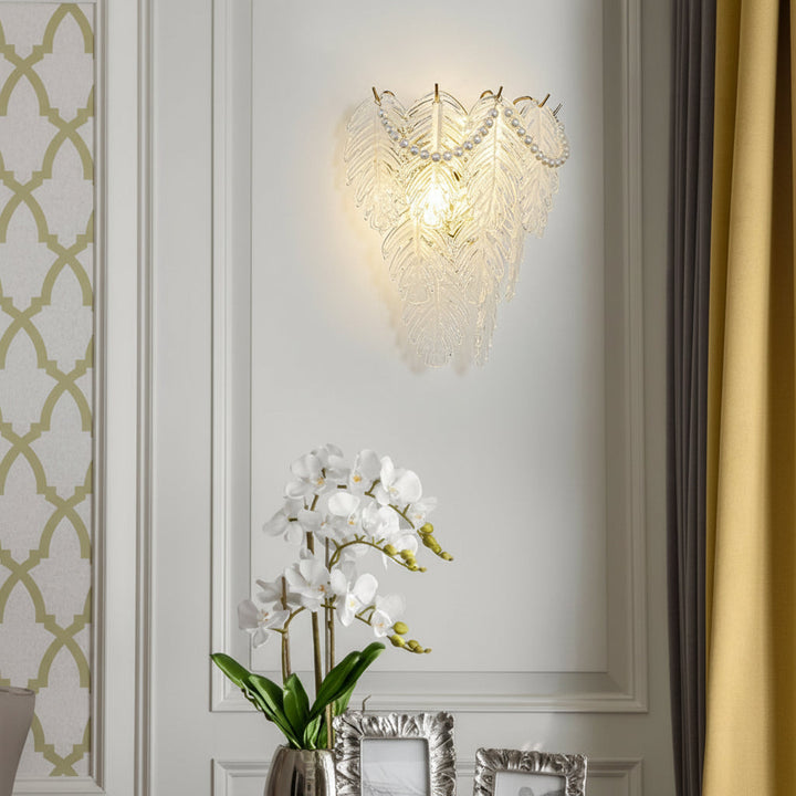 Glass Wall Sconce – French Leaf Feather Pearl Gold (E14 Dimming & 31x34cm) | Kalsten
