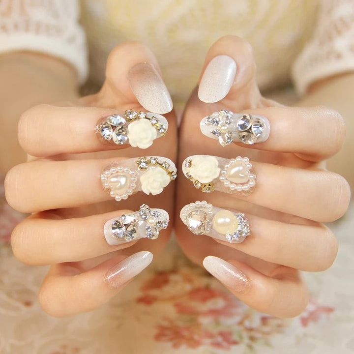 Decorative Nail Art Tips with Gem and Pearl Accents