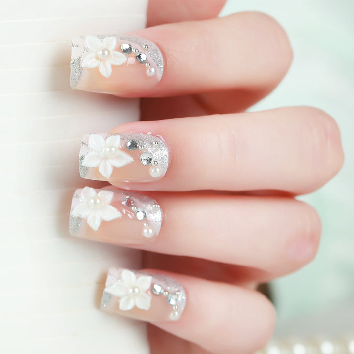 Floral Design Press-On Nail Set with Rhinestone Accents