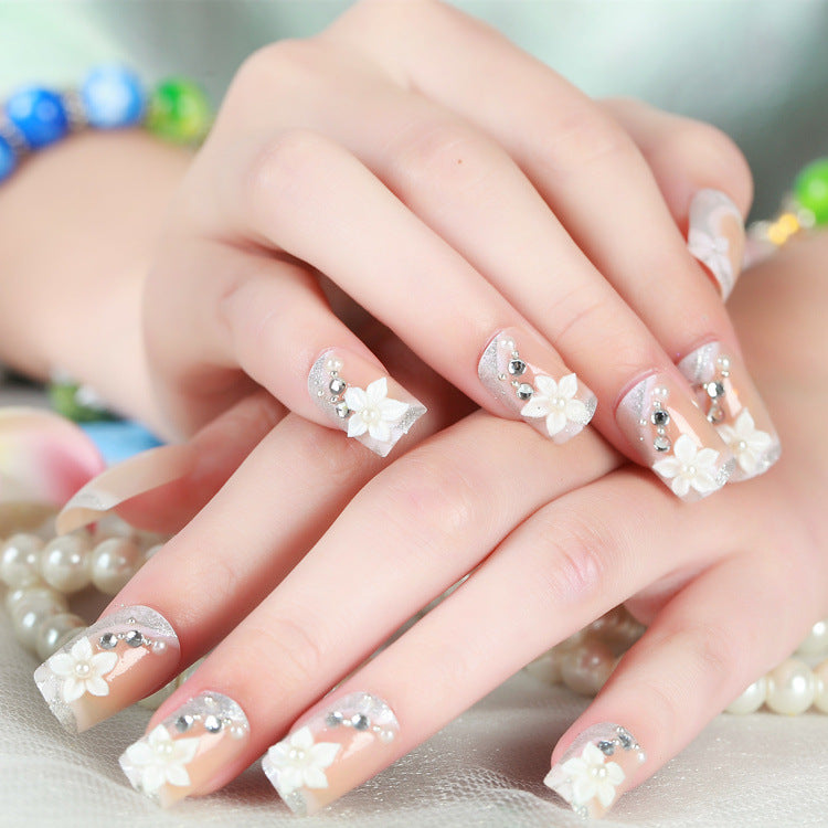 Floral Design Press-On Nail Set with Rhinestone Accents