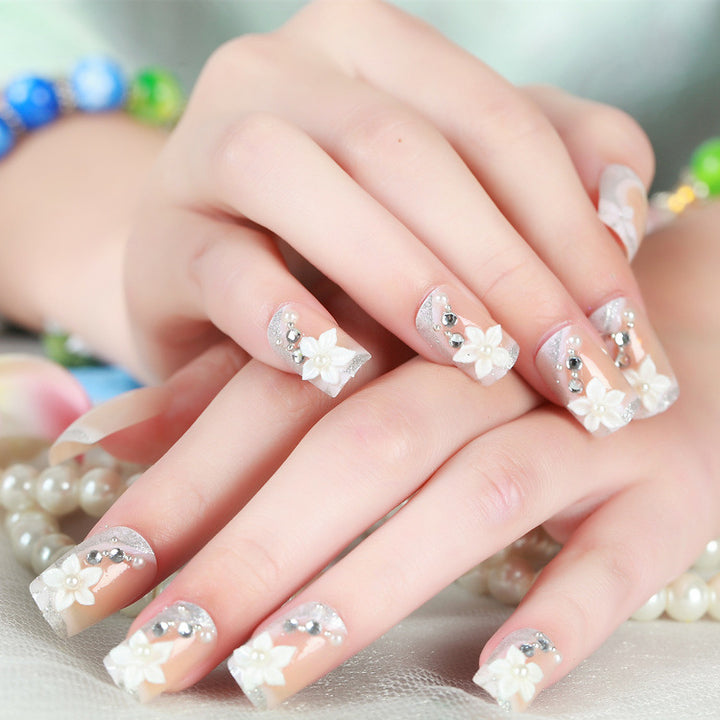 Floral Design Press-On Nail Set with Rhinestone Accents