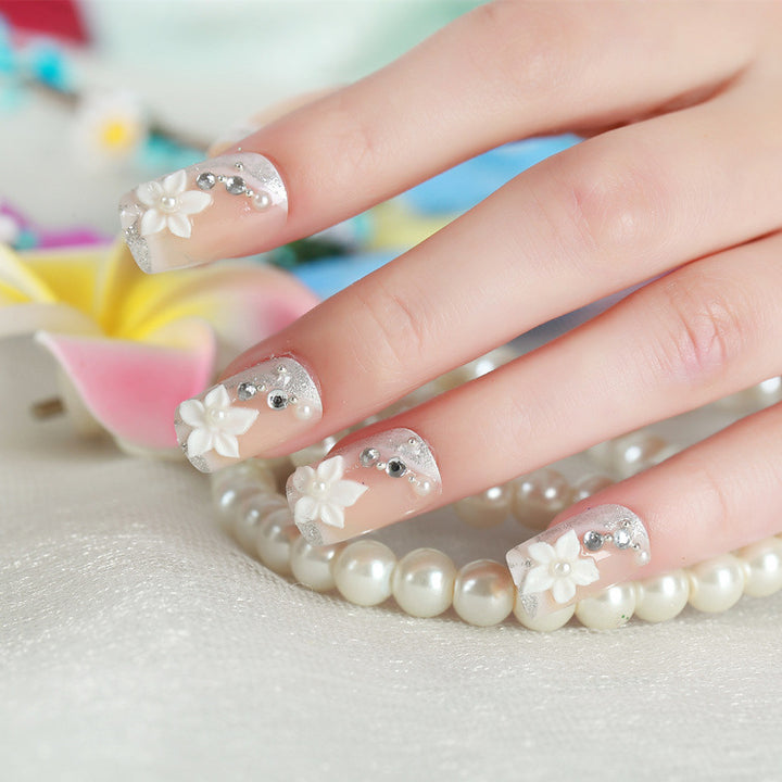 Floral Design Press-On Nail Set with Rhinestone Accents