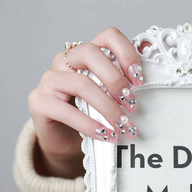 Decorative Press-On Nail Set with Rhinestone and Pearl Accents
