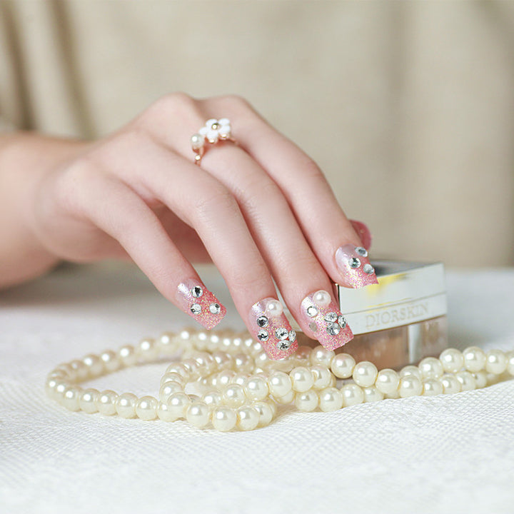 Decorative Press-On Nail Set with Rhinestone and Pearl Accents