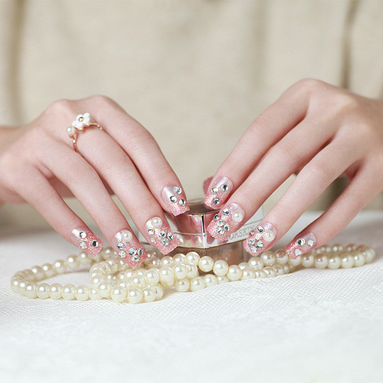 Decorative Press-On Nail Set with Rhinestone and Pearl Accents
