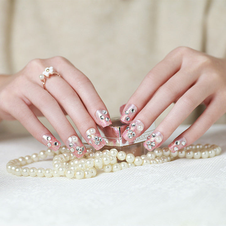 Decorative Press-On Nail Set with Rhinestone and Pearl Accents