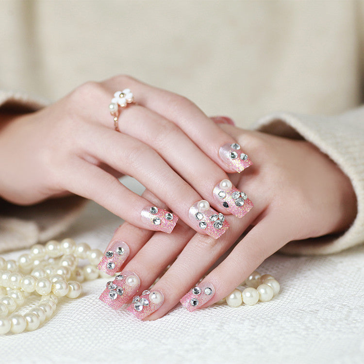 Decorative Press-On Nail Set with Rhinestone and Pearl Accents