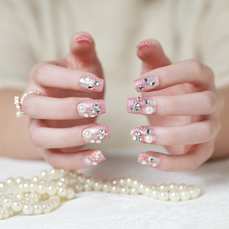 Decorative Press-On Nail Set with Rhinestone and Pearl Accents